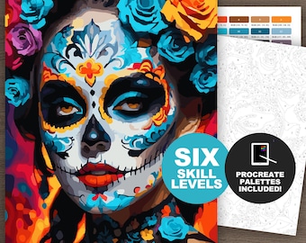 Sugar Skull Color by Number (6 Schwierigkeitsstufen): Malen nach Zahlen Tag der Toten Malseiten für Erwachsene Digitaler Download