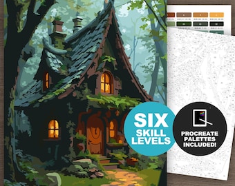 Color by Number Elf House Paint by Numbers Prinatble Fantasy Digital Download Whimsical Fairytale Woodland Coloration (6 Skill Levels)