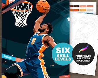 Kit de peinture à numéros : joueur de basket-ball et cerceau de basket-ball : procréation ou pages à colorier pour adultes à imprimer (6 niveaux de compétence)