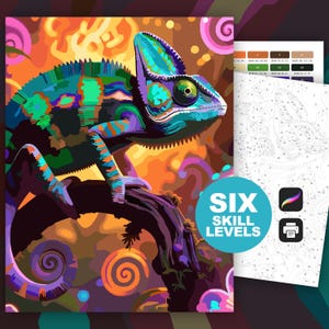 Puede incluir: Un kit de pintura por números colorido con un camaleón en una rama. El camaleón está representado en tonos de azul, verde y morado sobre un fondo naranja y amarillo. El kit incluye un lienzo numerado y pinturas, con el texto "SIX SKILL LEVELS".
