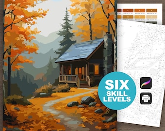 Color by Number Fall Cabin: Autumn Landscape Painting by Numbers Printable Coloring Page Digital Download, Wilderness (6 Skill Levels)