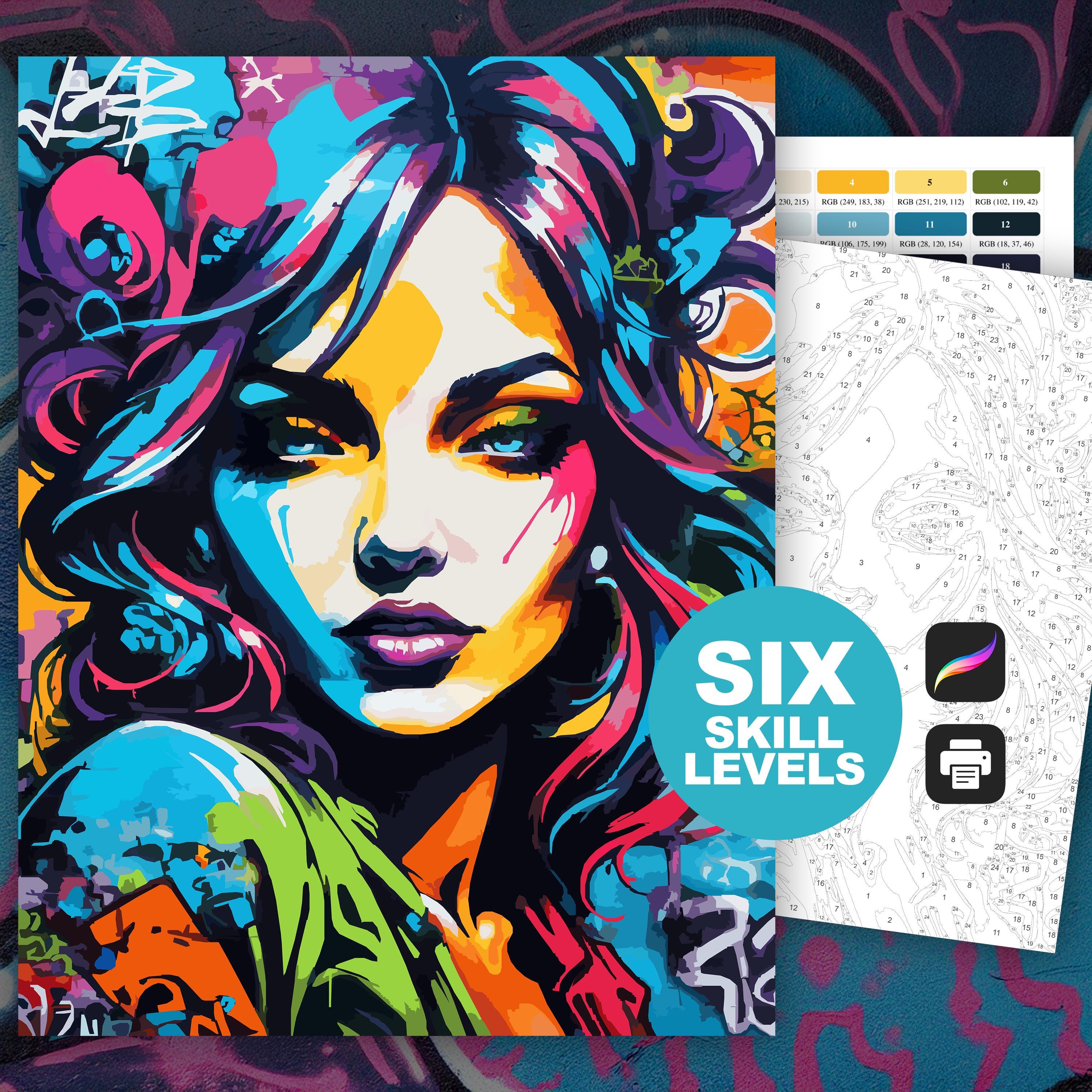 Color by Number Graffiti Art Woman Portrait (6 Skill Level): Paint by Number Urban Street Art Printable Digital Download Graffiti Girl Mural