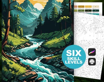Color by Number Mountain River (6 Skill Levels) Digital Download | Scenic Nature Landscape Art | Printable | Coloring Page for Teens/Adults