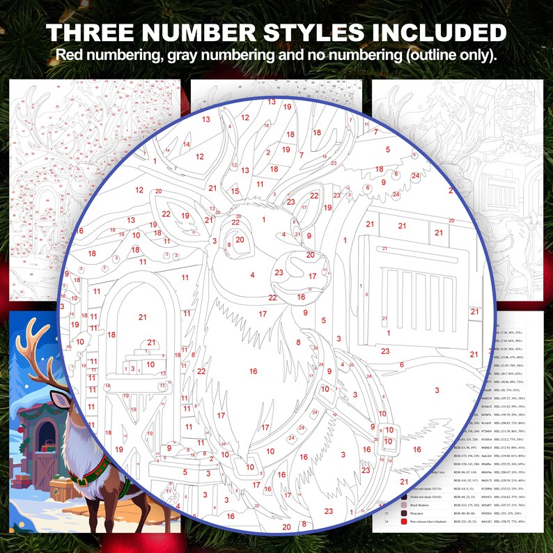 Christmas Reindeer Paint by Number page close-up with red numbering and three numbering style options