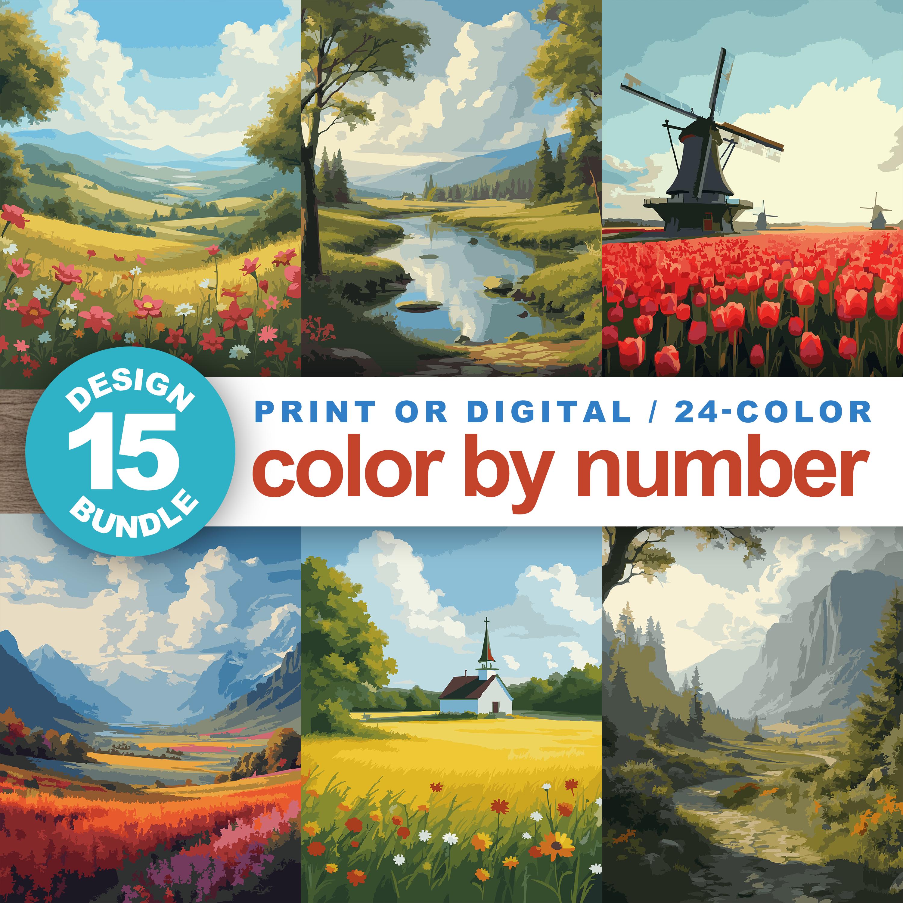 カラー番号ぬりえ 風景バンドル – 自然の景色15点 プリント&Procreate用コロリアージュ