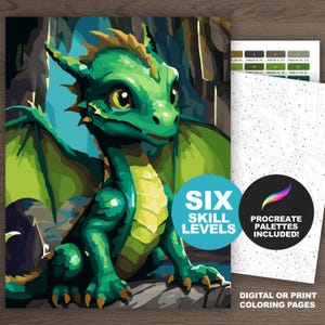 Könnte beinhalten: Eine digitale Malen-nach-Zahlen-Illustration eines grünen Drachen mit großen Augen und Flügeln vor dunklem Hintergrund. Daneben befindet sich eine nummerierte Vorlage mit Farbpalette und dem Text SIX SKILL LEVELS sowie PROCREATE PALETTES INCLUDED.