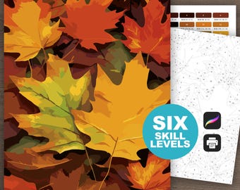 Autumn Leaves Color by Number: Fall Coloring Page Printable, Nature, Leaf, Digital Download, Procreate (6 Skill Levels)