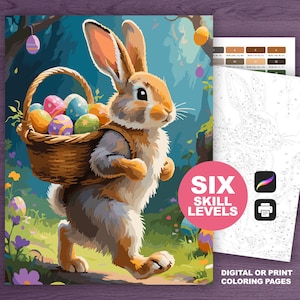 Peut inclure: Illustration d'un lapin portant un panier d'œufs de Pâques. Le lapin est brun et blanc, avec un panier d'œufs colorés sur le dos. L'image comprend le texte "SIX SKILL LEVELS" et "DIGITAL OR PRINT COLORING PAGES".