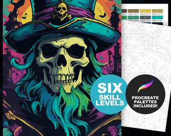 Color by Number Skull Face: Spooky Halloween Paint by Numbers Printable Creepy Coloring Page Procreate Compatible with 6 Difficulty Levels