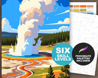 Yellowstone Color by Number Nationalpark Ausmalbilder (Procreate, digital und druckbar, in 6 Schwierigkeitsstufen)
