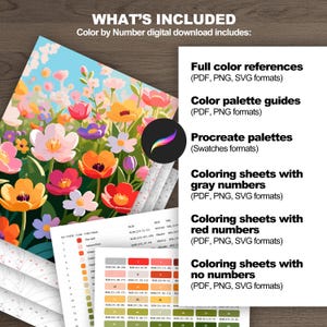 Flower field paint by number download contents showing color references, palettes, numbered sheets, and outline pages.