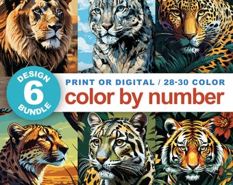 Color by Number for Adults Printable Animal Bundle Set of 6 Big Cat Coloring Pages Digital Download Wildlife Paint by Number Procreate Pages