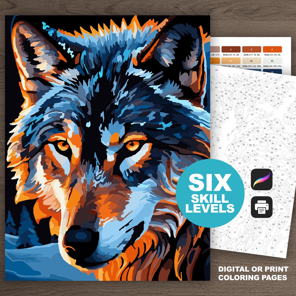 Printable Paint by Number Wolf Adult Coloring Pages for Procreate