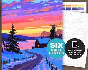 Wintersonnenuntergang – Malen nach Zahlen für Procreate: Verschneite Landschaft (6 Schwierigkeitsstufen, zum Ausdrucken)