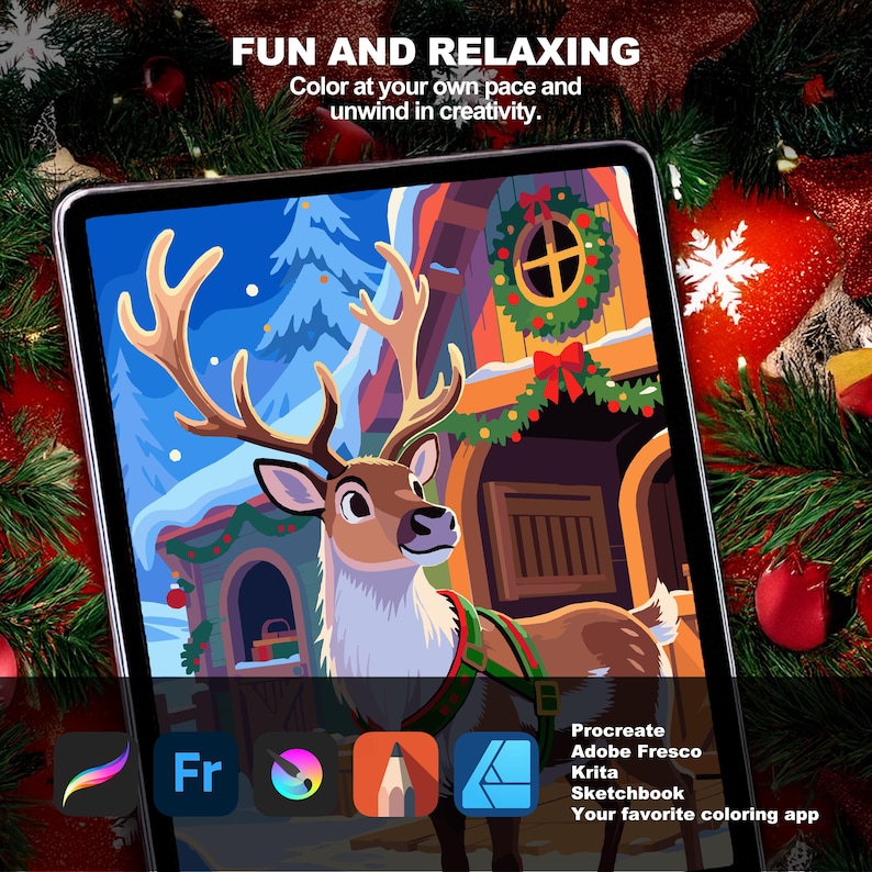 Christmas Reindeer Paint by Number displayed on a tablet promoting relaxing digital coloring