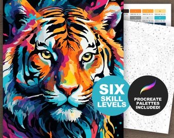 Tiger Paint by Numbers: Tiger Painting Color by Number Adult Coloring Pages, Printable & Procreate Paint by Number Kit (6 Skill Levels)