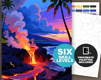 Malen nach Zahlen Set Volcano Beach: Tropische Szene Malvorlagen für Erwachsene zum Ausdrucken & für Procreate, Malen nach Zahlen (6 Schwierigkeitsstufen)
