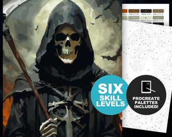 Paint by Number Grim Reaper: Halloween Color by Number Adult Coloring Pages, Printable and Procreate Angel of Death (6 Skill Levels)