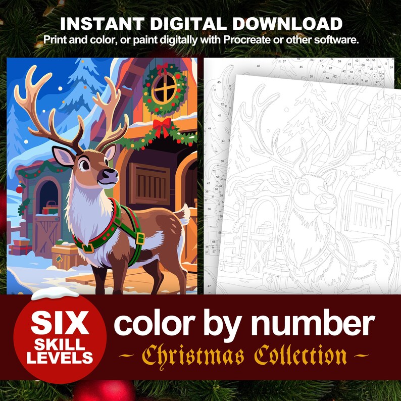 Christmas Reindeer Paint by Number digital download preview with numbered coloring sheets
