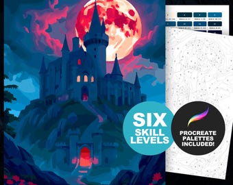 Kit de peinture à numéros Château fantastique : procréation ou pages à colorier pour adultes à imprimer (6 niveaux de compétence)