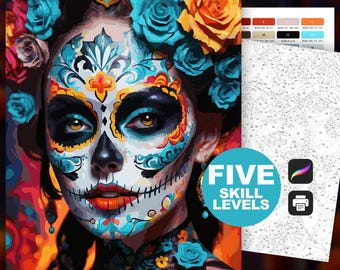 Sugar Skull Color by Number (5 Skill Levels): Paint by Numbers Day of the Dead Coloring Page Digital Download