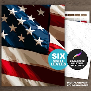 May include: A paint-by-numbers kit featuring a stylized American flag with red and white stripes and a blue field with white stars. The kit includes six skill levels and Procreate palettes. Digital or print coloring pages are available.