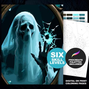 May include: A digital coloring page featuring a ghostly figure with a skull face and flowing shroud behind a cracked glass surface. The image includes a color palette guide, numbered sections for coloring, and text stating SIX SKILL LEVELS and PROCREATE PALETTES INCLUDED.