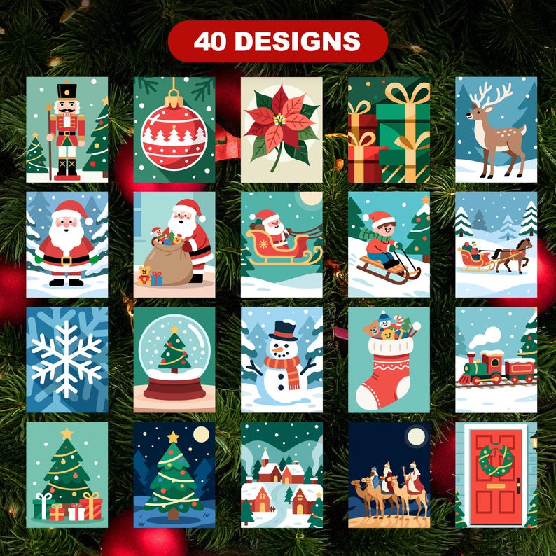 Easy Christmas 40 Design Color by Number Bundle displaying 20 additional designs with nutcracker, ornament, poinsettia, presents, Santa, sleigh, sledding, snowman, stocking, train, village, wise men, and wreath.