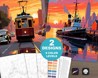 Procreate and Printable Paint by Number Kit Bundle: Tugboat Harbor Sunset & Vintage Streetcar Adult Coloring Pages