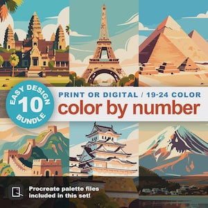簡単ランドマーク塗り絵キットセット：初心者向け旅行ポスター大人用塗り絵10枚（印刷可能＆Procreate対応）