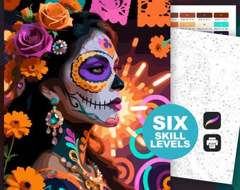 Sugar Skull Frau Color by Number: Tag der Toten Printable oder Procreate Malseite, Mexikanische Festival Art (6 Schwierigkeitsstufen)
