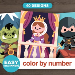 Additional preview from Easy Medieval Fantasy Color by Number bundle. Displays three designs: orc, queen, and rogue. Banner highlights 40 designs, easy beginner coloring, and Color by Number format.
