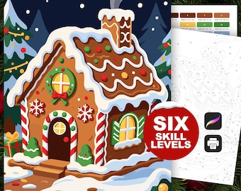 Gingerbread House Christmas Paint by Number: Holiday Coloring Pages (Procreate and Printable, 6 Skill Levels)