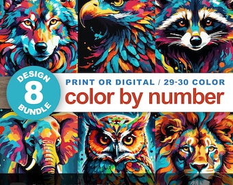 Ensemble imprimable couleur par numéro, animal adulte, lot de 8 pages à colorier numériques, faune, peinture par numéro, procréation relaxante, couleur par numéro