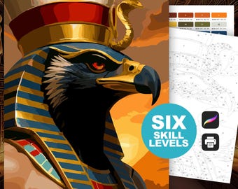 Egyptian God Horus, Color by Number: Ancient Egypt Procreate & Printable Adult Coloring Pages (6 Skill Levels)
