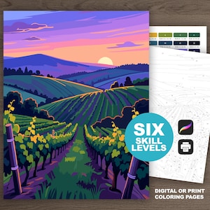 May include: A vibrant paint-by-numbers landscape featuring a vineyard at sunset. The artwork showcases rows of green vines, purple mountains, and a colorful sky. The image includes the text "SIX SKILL LEVELS" and "DIGITAL OR PRINT COLORING PAGES".
