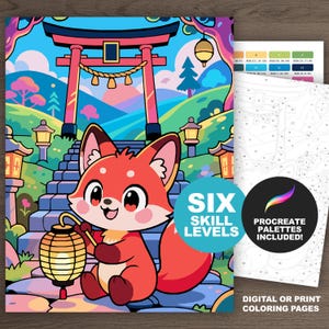 Kawaii fox color by number kit featuring cute chibi artwork, printable coloring pages, six skill levels, and Procreate palettes