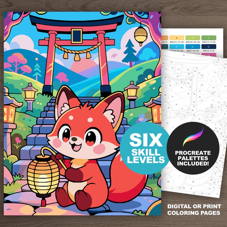 Kawaii fox color by number kit featuring cute chibi artwork, printable coloring pages, six skill levels, and Procreate palettes