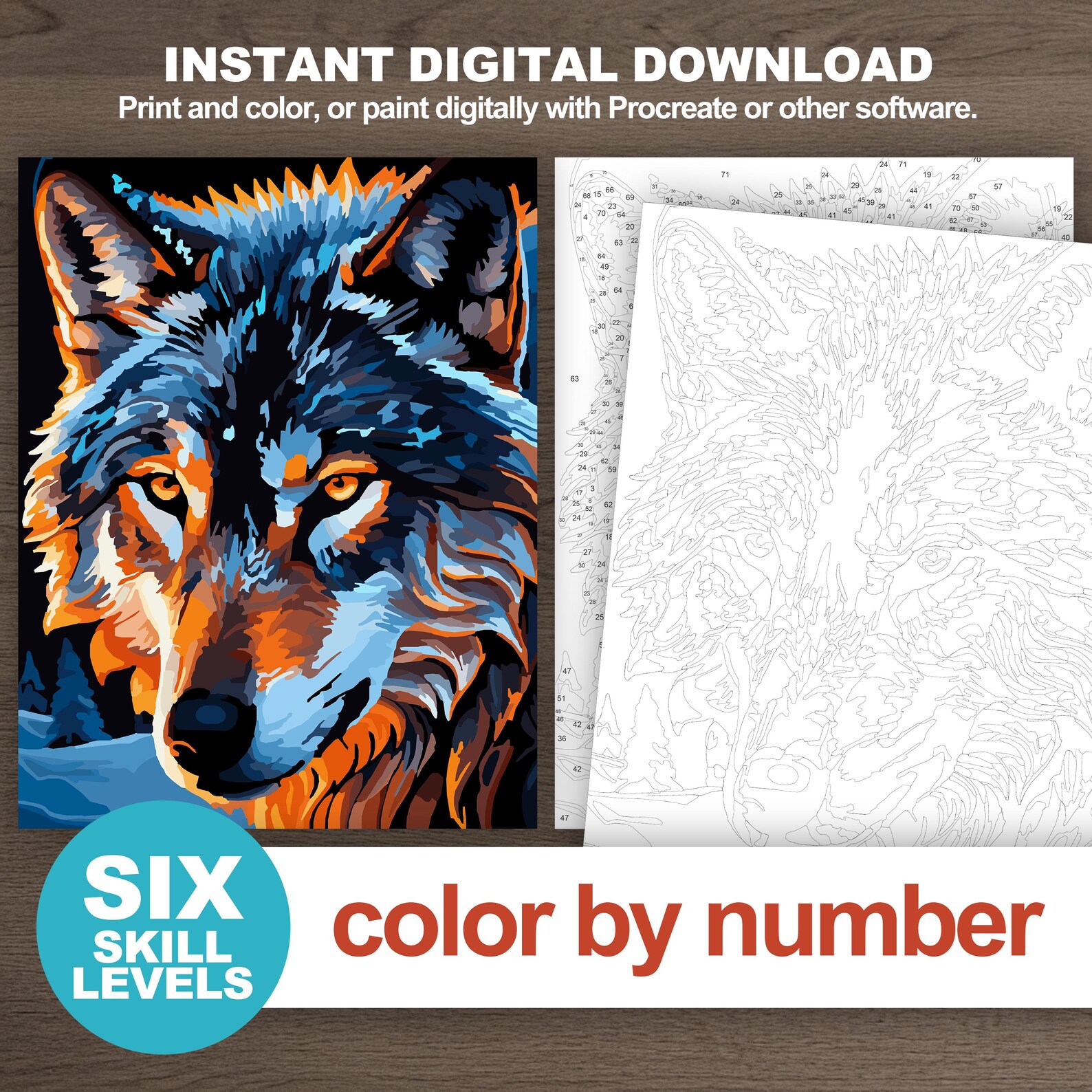 Printable Paint by Number Wolf Adult Coloring Pages for Procreate