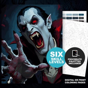 Gothic Vampire Paint by Number Coloring Pages: Printable or Procreate Dark Fantasy Dracula Art, Spooky Season Classic Horror (6 Skill Level)