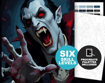 Gothic Vampire Paint by Number Coloring Pages: Printable or Procreate Dark Fantasy Dracula Art, Spooky Season Classic Horror (6 Skill Level)