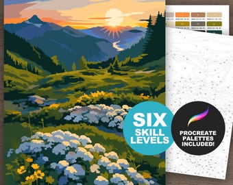Nature Landscape Color by Number for Procreate, Paint by Number Printable Coloring Pages (6 Skill Levels)