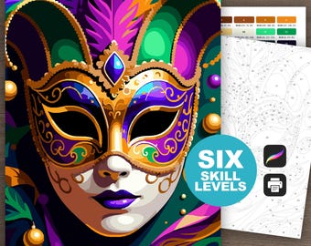 Masquerade Mask Paint by Number: Mardi Gras Coloring Pages (Procreate, Printable, 6 Skill Levels)