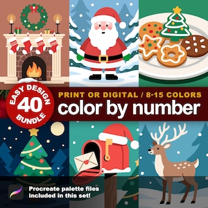 Easy Christmas 40 Design Color by Number Bundle featuring a fireplace with stockings, Santa, holiday cookies, decorated tree, mailbox, and reindeer. Procreate palette files included in this set.