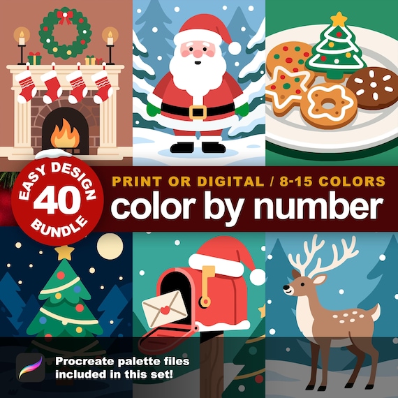 Easy Color by Number Christmas Bundle: 40 Festive Designs (Printable & Procreate Compatible)