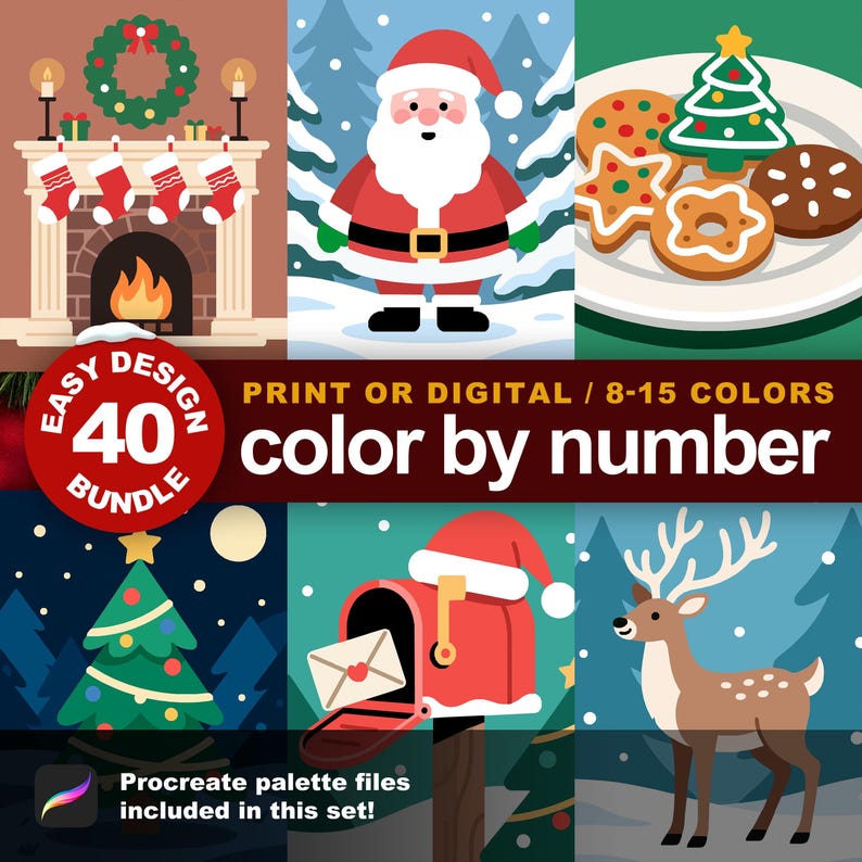 Easy Christmas 40 Design Color by Number Bundle featuring a fireplace with stockings, Santa, holiday cookies, decorated tree, mailbox, and reindeer. Procreate palette files included in this set.