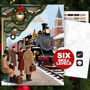 Train Station Retro Christmas Color by Number: Vintage Holiday Coloring Pages (Procreate and Printable, 6 Skill Levels)