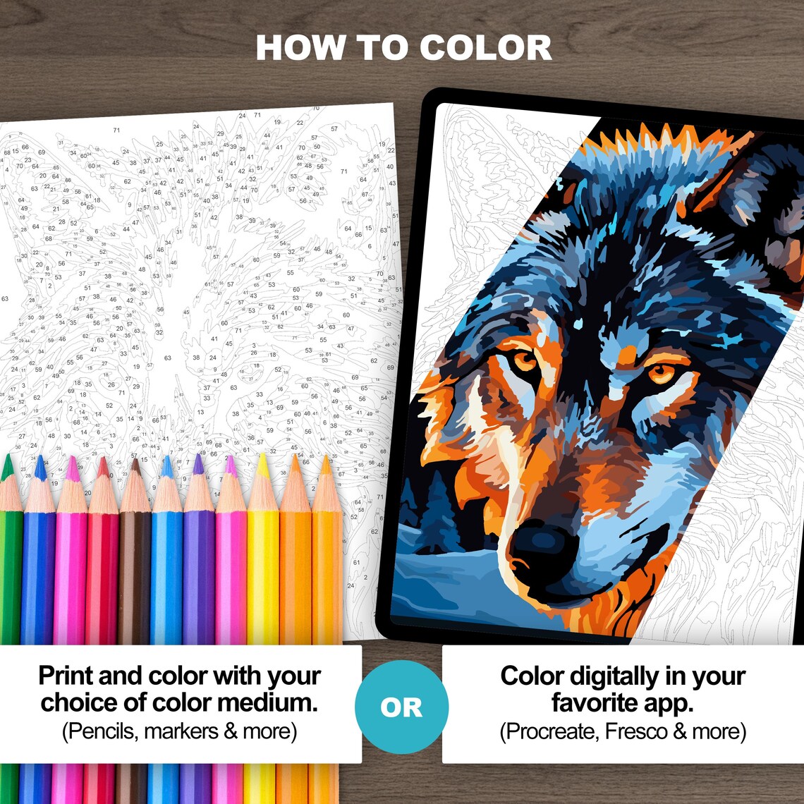 Printable Paint by Number Wolf Adult Coloring Pages for Procreate