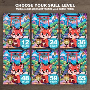 Six kawaii animal coloring skill levels showing a cheerful fox holding a glowing lantern beneath a Japanese torii gate