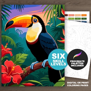 Kit de pintura digital por números de tucán: páginas para colorear para adultos para Procreate, imprimibles (6 niveles)